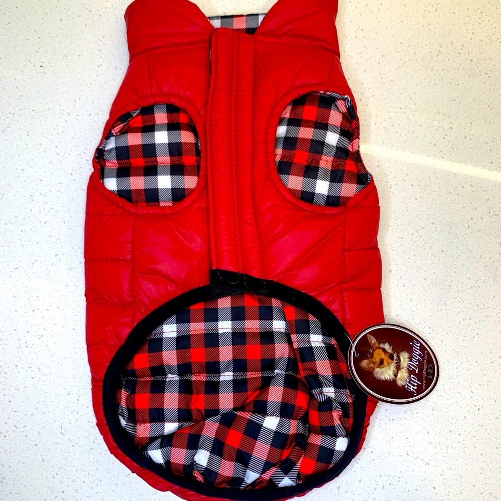 Reversible Red Gingham Dog Puffer Vest / Coat